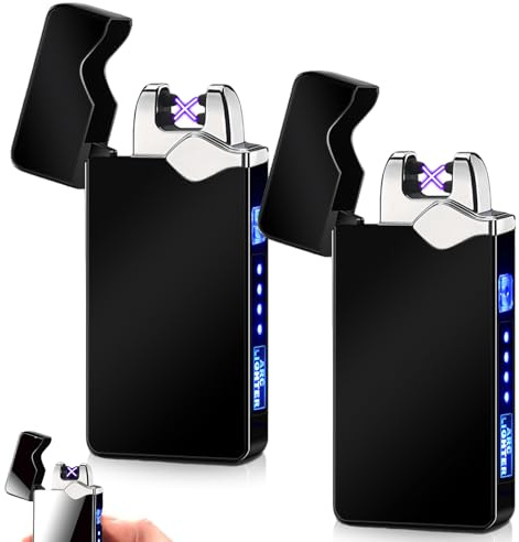 Mechero electrónico USB, 2 unidades de encendedor de arco eléctrico, con indicador de batería, resistente al viento, de plasma, con pulsador de botón