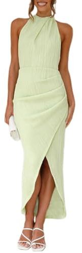 FIRSTXIU Vestido largo para mujer, con cuello halter, sin mangas, fruncido, entallado, con abertura, vestido de cóctel