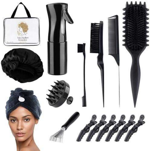 Kyrabelle Kit per capelli ricci, ricci, crespi, spazzola definizione-vaporizzatore, 200 ml, cuffia satinata, asciugamano in microfibra, set di placcatura, spazzola massaggiante, kit di definizione