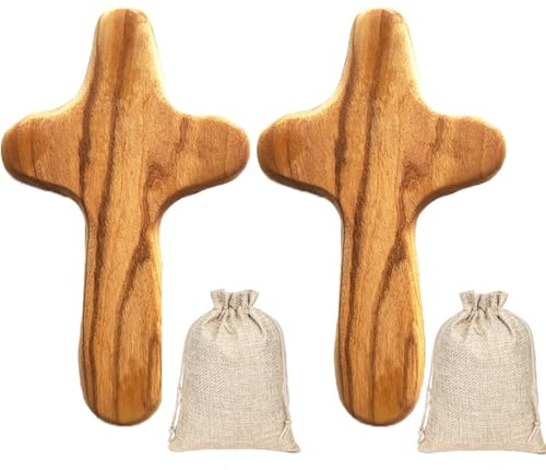 GYTFOG 2pcs Holding Cross Olive Wood 10CM Mini Wood Holding Comfort Cross Handcrafted Religious Keepsake with Linen Sack Christian Faith Symbol,for Religious Christian Prayer Keepsake Men & Women