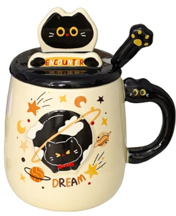 Svart Katt Kaffekoppar och Muggar med Telefonhållare Lock, Mjölkkopp med Kattpott Sked, Keramisk Te Kopp Utformad för Kattälskare, 420ML Dryck Kopp, Lämplig för Varma och Kalla Drycker (A)