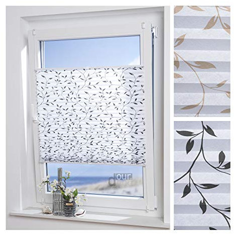 ourdeco® Plissee Filigran / 70 x 130 cm (Breite x Höhe) / Stoff: weiß, Muster: schwarz/lichtdurchlässig, gedrucktes Motiv Blätter/Klemmen=Montage ohne Bohren=Smartfix=Klemmfix-Plissee=Easy-to-fix