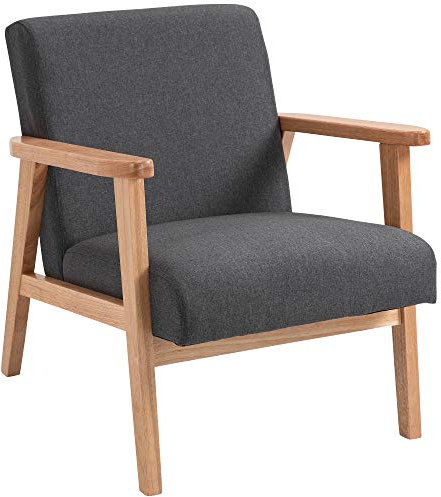HOMCOM Accent Armchair, Living Room Chair, Wooden Upholstered Single Lounge Chair with Rubber Wood Legs and Padded Seat, Leisure Sofa Chair for Bedroom Office, Dark Grey