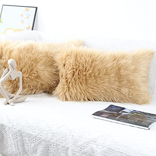 OYIMUA Soft Faux Fur Cushion Covers 30x50cm Beige Set of 2 for Sofa Bed | Fluffy Decorative Pillow Covers 12x20 for Living Rooms,Bedrooms,Offices,Machine Washable,Hidden Zipper,Fade-Resistant