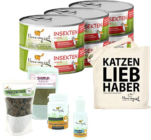 I Love My Cat Sparset für Bengalkatze – Nassfutter 6 × 100 g, Soft-Snacks mit Insekten 50 g, Ergänzungsfuttermittel 50 g, Augenpflege Tropfen 30 ml & Dental Pulver 35 g