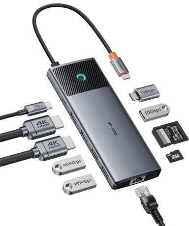 Baseus Docking Station USB C 2 Display,10Gbps 10 in 1 Docking Station with 2 HDMI Single 4K@120Hz, Dual 4K@ 60Hz,10Gbps USB-A and USB-C, Gigabit Ethernet and PD 100W for Mac/Dell/HP/Lenovo