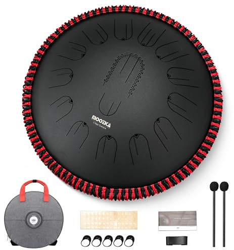 MOOZICA Tambor de lengüetas de acero de 15 pulgadas – 15 notas en Do mayor 432 Hz con armónicos de octava – Instrumento de percusión profesional con funda de transporte (D-Kurd, negro)