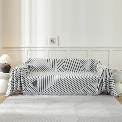 YSTELLAA Sofföverdrag 2-Sits, 180×280CM, Chenille Ab-Sidigt Överdrag För Hörnsoffa, Pet Soff Cover Överdrag, Sofföverkast Fläckbeständig Heminrednin, Sofföverdrag Med Tofs, Mörkgrå-Line