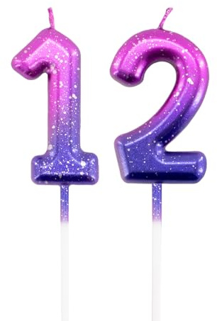 Candele viola con numero di compleanno, 12, candele glitterate di buon compleanno, decorazione per torte, decorazioni per feste, matrimoni, anniversari, celebrazioni, forniture per ragazze e ragazzi