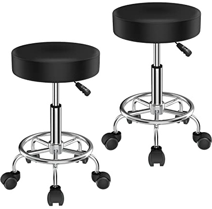 HAMHAIGO Set di 2 Sgabello con ruote Sgabello dalla imbottitura Altezza Regolabile 49-64 cm sgabello da estetista sedia trucco Sgabello da Bar per Cucina, Ristoranti, ufficio Nero
