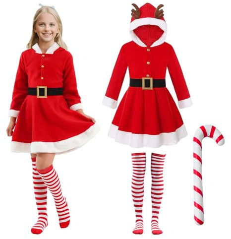 HarnyLoom Robe Noel Fille Tenue de Noel Fille Enfant Deguisement Chapeau de Père Princesse Tutu Hiver Chaussettes Manche Longue Velours Jupe Cadeau 4-12 Ans (140)