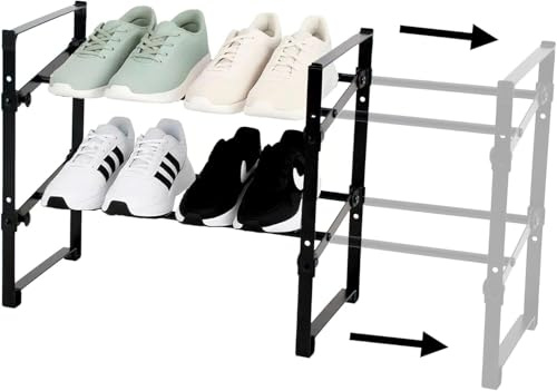 Amig – Étagère à Chaussures Extensible à 2 Niveaux Tötem - 45,5~80 x 24 x 39,5 cm - Idéal pour entrée ou Chambre - Organisateur pour 12 Paires de Chaussures - Acier et Plastique PP - Noir