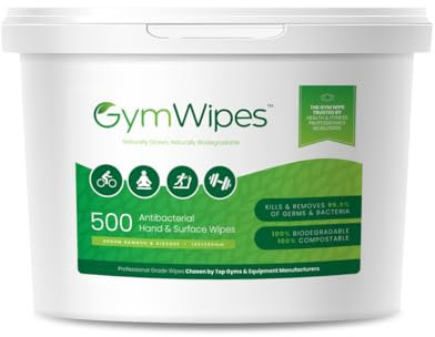 Gym Wipes - 500 Heavy-Duty Antibacterial Biodegradable Wipes - Eliminates 99.9% of Germs - Perfect for Gyms, Fitness Studios, Health Clubs, Offices & Homes - Refillable Bucket