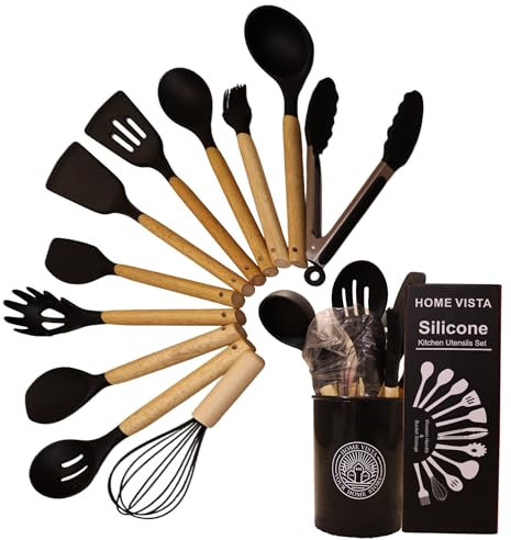 Home Vista 12 Pcs Silicone Cooking Utensils Set with Holder – Heat Resistant, BPA-Free Tools for Non-Stick Cookware – Ideal for New Homes, Daily Cooking & Gifting – Black Kitchen Set