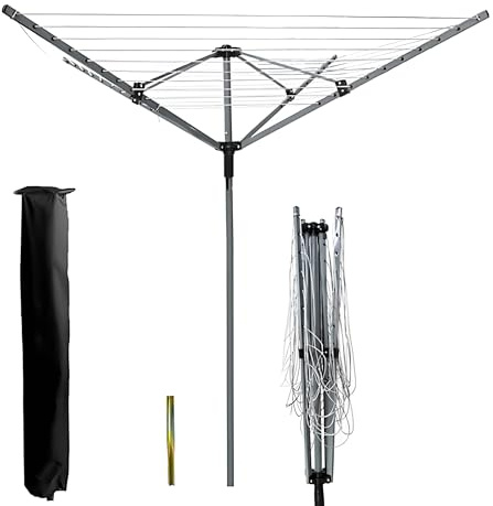 SterlingEdge 4 Arm 60M Rotary Airer Heavy Duty Washing Line Outdoor Garden Laundry Drying Clothes Folding Airer Umbrella Design Dryer with Ground Spike & Cover