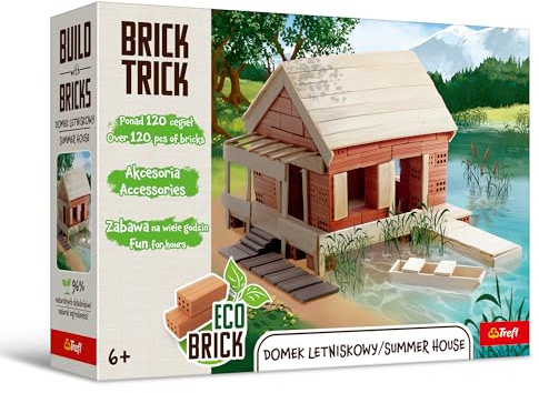 Trefl – Brick Trick: Sommarstuga/Summer House – Bygg med tegelstenar, EKO-klossar av riktig tegelsten, 120 tegelstenar, Återanvändbara, Kreativt set för barn över 6 år