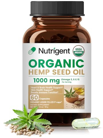 Nutrigent USDA Organic Hemp Seed Oil 1000 mg, Cold Pressed & 100% Pure, Plant-Based Omega 3-6-9 for Heart, Joint, Relaxation & Emotional Wellness, 60 Capsules