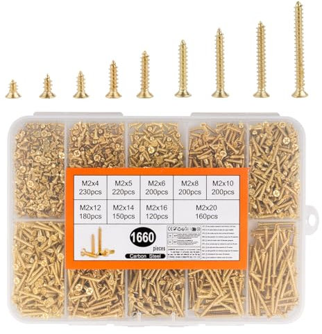 1660 Pcs M2 Tornillos para Madera, Tornillos Autorroscantes Autoperforantes, tTornillos de Cabeza Plana Cruzada, tTornillos de Cabeza Avellanada para Suelo Madera Modelismo(Dorados)