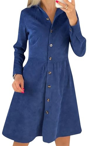 BOFETA Lady Corduroy Swing Dress Collared Casual Dress Long Sleeve A-Line Solid Color Shirt Dresses Blue XL