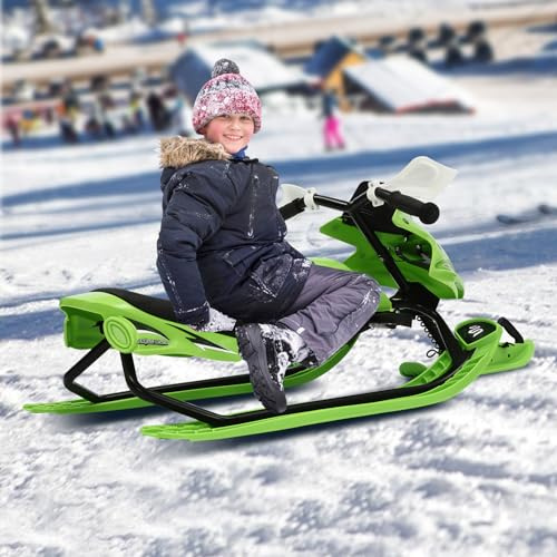Trineo de dirección ajustable de poliuretano (3 niveles), trineo infantil con frenos de emergencia, suspensión y cuerda de tracción, trineo de nieve, capacidad de carga de 80 kg, para a partir de 3