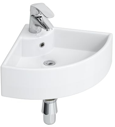 Lavabo esquinero pequeño de cerámica, 460 x 330 mm, blanco, pequeño lavabo para invitados y baños pequeños, montaje en pared o sobre encimera con orificio para grifo y rebosadero, diseño moderno de