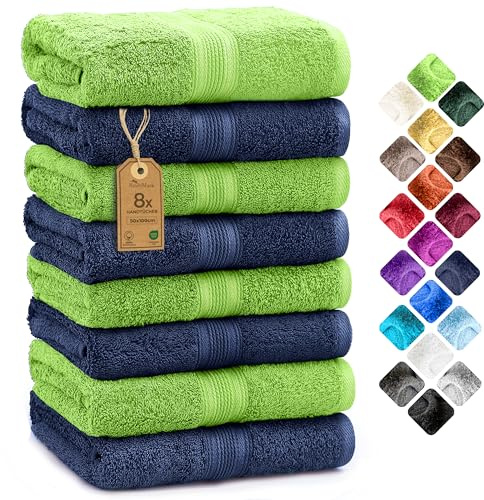 NatureMark 8 Handtücher Set - 100% Baumwolle - Saugfähige und langlebige Handtücher, Größe 50×100 cm, Apfelgrün/Navy
