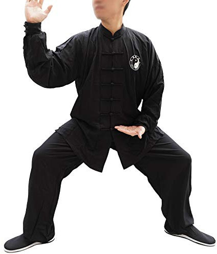 Dee Plus Kampfkunst Tai Chi Anzüge | Unisex Kung Fu Uniform Set | Traditionelle Chinesisch Kostüm Lange Ärmel aus Baumwolle für Qigong Wing Chun Shaolin Wushu Training Jacke Hose Herren Damen Schwarz