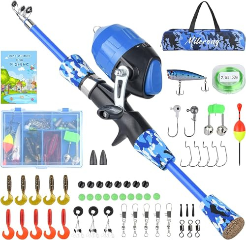 Milerong Canna da pesca per bambini, canna da pesca telescopica e mulinello combo per giovani con mulinello spincast, attrezzatura da pesca, esche da pesca, lenze e manuale utente (lingua italiana non
