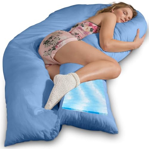 Traumreiter Seitenschläferkissen Visco XXL mit Bezug Baumwolle Mittel Blau, Hybrid Kissen +1cm Memory Foam Schwangerschaftskissen U Form Gel Body Pillow Komfortkissen Ergo-Zertifiziert