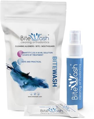 Vioxten Bitewash Starter kit, Pulizia bite dentale, Igiene dentale, Igienizzante con azione disgregante specifico per bite, Dentiere, Spazzolini, 10 Bustine da g. 2,5, 1 Flacone spray incluso