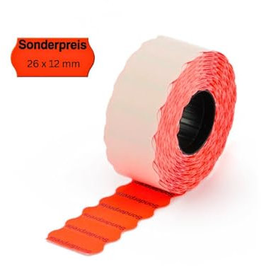 POKORNYS – 3.000 selbstklebende Etiketten Sonderpreis für Preisauszeichner (rot / 26x12mm) I permanent haftend I Preisetiketten für Handauszeichner mit Wellenrand ​