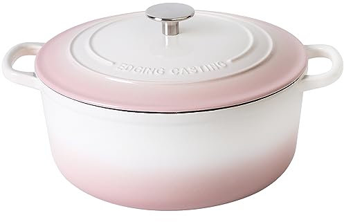EDGING CASTING Forno olandese in ghisa smaltata, 5,5 litri, pentola rotonda olandese con coperchio a doppia maniglia per cuocere il pane, bianco-rosa