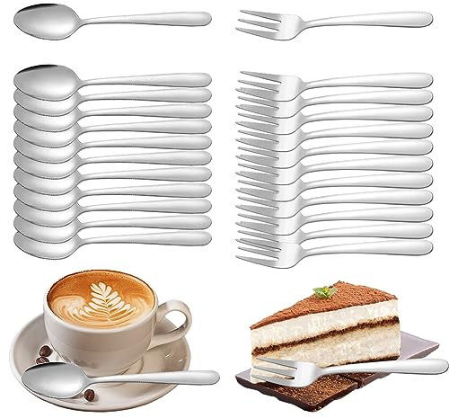 Set di cucchiai da caffè e forchette per dolci Gohytal 24 pezzi, 12 cucchiaini da 5,71 pollici e 12 forchette da 5,71 pollici, cucchiai e forchette per matrimonio/compleanni