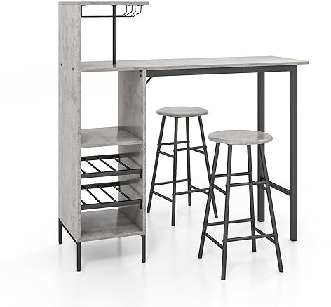 HOMASIS Set di tavolo da bar con 2 sgabelli da bar, tavolo da pranzo con supporti per calici da vino e ripiani per 6 bottiglie di vino, tavolo da bistro industriale per cucina, 120 x 40 x 121,5 cm