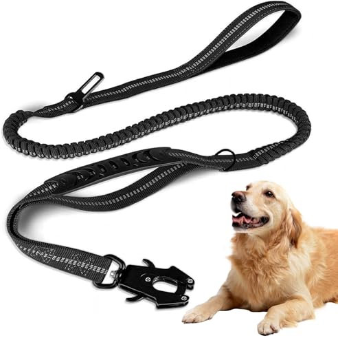 Hundeleine für Mittelgroße und Große Hunde 120cm-175cm mit Integriertem KurzfüHrer Reflektierende Leine und Elastische Ruckdämpfer Führleine, Schwarz