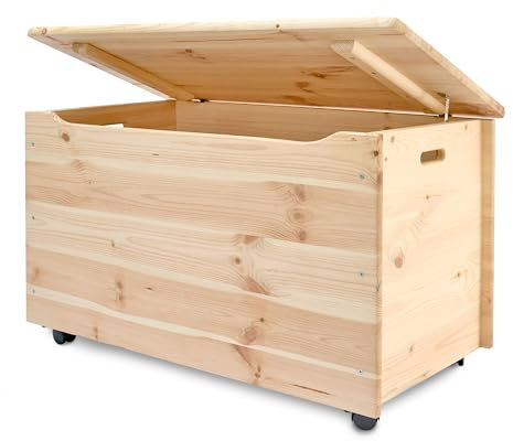 Pinus - Holzkiste mit Deckel auf Rollen, 90x48x51 cm, Groß Holzbox über Spielzeug, Ideal Spielzeugkiste für das Kinderzimmer, Aufbewahrungsbox, Natural Farbe, Kieferholz