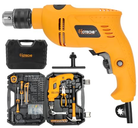 Hoteche 101Pcs 13mm 600W Schlagbohrmaschine Set - Anwendbar auf für Ziegel, Beton, Stein und Holz - Mit BMC Box - Gelb