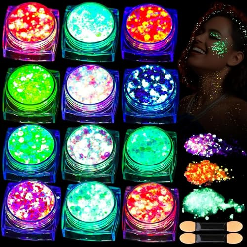 Face Glitter Gel - 12Pcs Festival Body Glitter for Eyeshadow, Hair, Makeup - Glow in The Dark Face Paint, UV Black Light Sequins