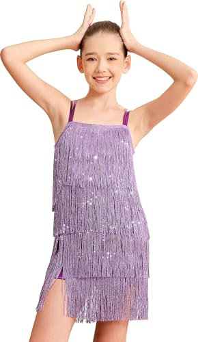 Mulnall Mädchen Latin Quaste Kleid Sparkly Vintage Tanz Outfit für Kind Kostüm Lyrische Fringe Dance Rock Doppel Crisscross Back Performance Ballroom Party (0430-09B-XXL)