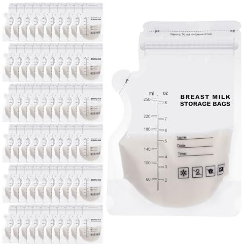 GSrenyu 60 sacchetti per latte materno da 250 ml, con scala graduata e chiusura a cerniera, sacchetti per conservare il latte in frigorifero o congelatore