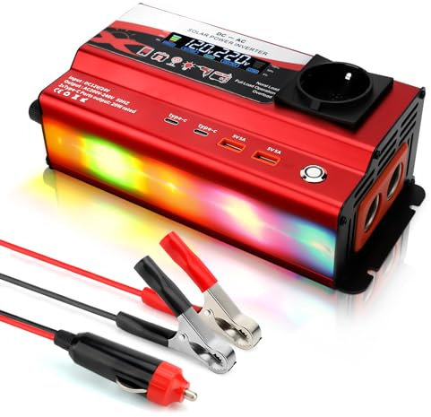 WODHMIEY Inverter auto 1000 W, 12 V/24 V a 230 V, convertitore di tensione per auto con 1 presa, 2 USB, tipo C e accendisigari, display LCD, illuminazione ambientale, per campeggio, viaggi