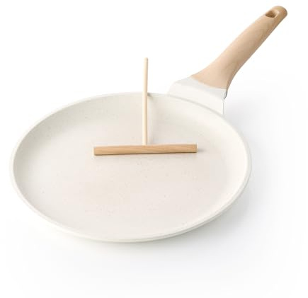 Kordisen Sartén antiadherente para crepes de 26 cm con esparcidor, sartén plana para tortitas con revestimiento saludable para estufa, compatible con inducción, sin PFOA (blanco)