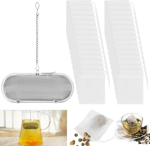 REFORUNG 1 Pièces Passoire à thé en Acier Inoxydable avce 200Pcs Sachet pour Thé filtres à thé Passoire à épices rectangulaire Boules à Epices Boule à Thé pour le thé en vrac, cuisine quotidienne