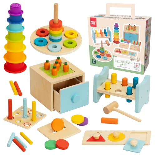 Nene Toys Giocattoli Montessori 1 Anno – Giocattoli Bambini 12–24 Mesi con Scatola Attività 3-in-1, Bicchieri Impilabili Silicone, Banco da Martellare, Puzzle Forme e Torre ad Anelli in Legno