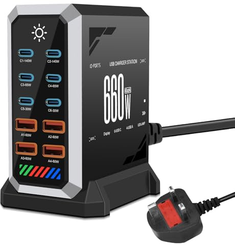 10 in 1 & 660W USB C Charging Station Hub GaN III Multi Port USB Fast Charger Block (6 USB‑C & 4 USB‑A), Black Power Dock Compatible with MacBook, iPhone, iPad, Galaxy S24/S23 etc