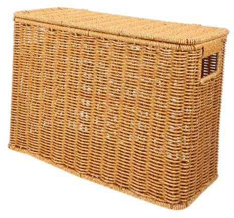 HIAKDOFT Cesta Tejida Con Tapa y Asas Caja De Almacenaje Estrecha y Alta Sin Ásperos Decoración Rústica Para Revistas Juguetes y Objetos Varios Ligera y Portátil Para Uso Doméstico