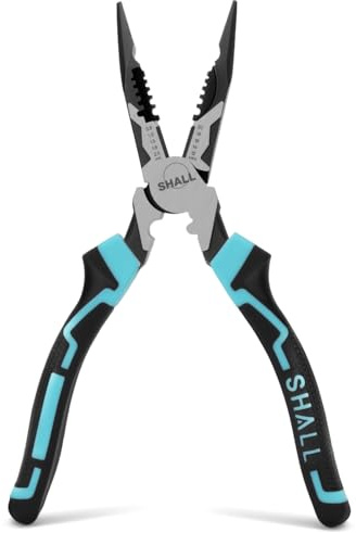 SHALL Pince à bec long,7 en 1 dénudeur, coupe-fil, sertisseur et clé，pour câbles de 0,8 à 2,0 mm² (20-12 AWG), en acier Cr-V à effet de levier élevé, pour électricien.
