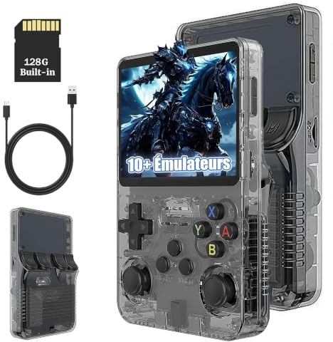 KINMRIS R36S Console de Jeux Rétro, avec Écran IPS de 3,5, HD 640×480, 128 Go Compatible 10+ Émulateurs, Console de Jeu Portable, Manettes 3D (Noir)