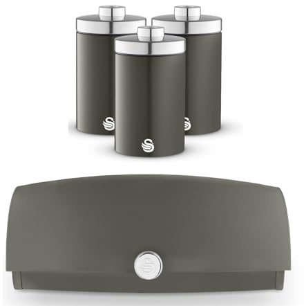 Swan Townhouse Grey Bread Bin and Tea, Coffee & Sugar Canisters Set – Retro Kitchen Storage Set – Bread BIn and Matching Canisters in Graphite Grey