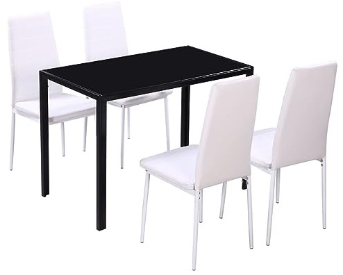 Augerlite matgrupp bord stolar 5 delar. Konstläder svart och vitt härdat glas järnram 105 x 60 x 74 cm 4 stolar modern matsal bekväm